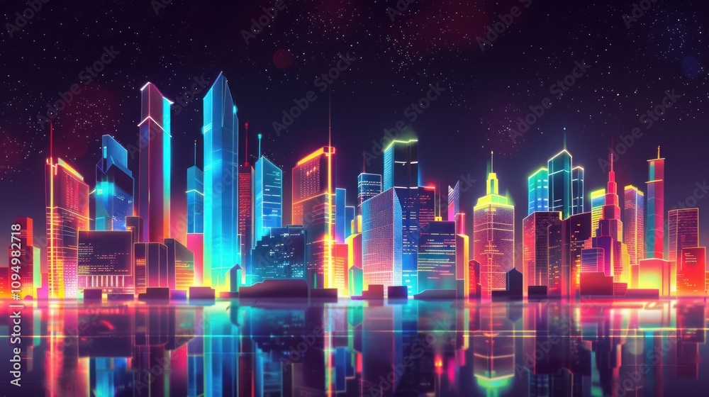 Neon Cityscape with Reflection