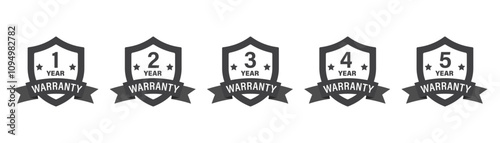 Collection of warranty numbers 1 to 5 years. Black shield symbol with label, Set of warranty logo design for advertising and banner, Vector illustration.