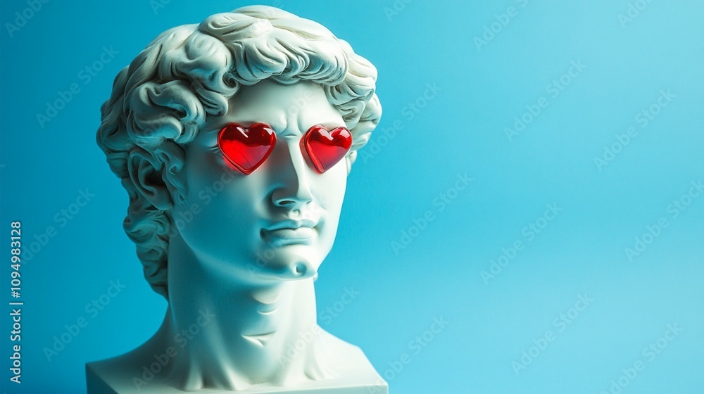 Classical marble bust with heart-shaped sunglasses against vibrant turquoise background, blending ancient aesthetics with modern pop art style. Classical marble bust with heart-shaped sunglasses against vibrant turquoise background, blending ancient aesthetics with modern pop art style.
