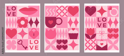 Set of Valentine's day greeting cards with pink elements and geometric shapes. Template for Valentine holiday design