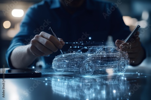A person creatively designs a futuristic car using digital tools, showing the seamless integration of technology with automotive engineering and creative design processes.