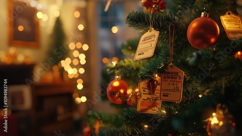 Wallpaper Mural A beautifully decorated Christmas tree adorned with ornaments and tags, glowing softly with warm lights in a cozy, festive setting. Torontodigital.ca