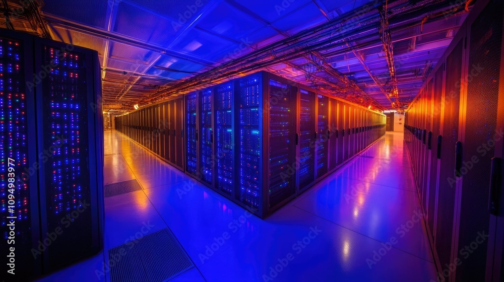 Fototapeta premium Modern Data Center with Rows of Servers Illuminated by Blue and Orange Lights, Showcasing Advanced Technology and Infrastructure for Data Processing and Storage Solutions