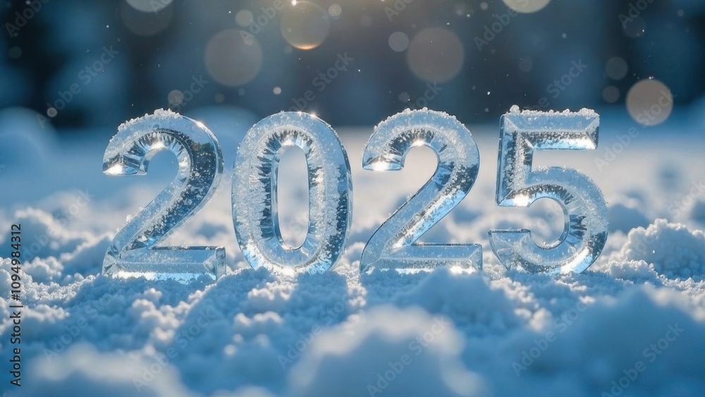 3D Icy number “2025” on a shiny snowy background with blurred sun rays, photo outside on New Year's Eve, snowy morning with snowflakes, shadows and bokeh, christmas theme 3D Icy number “2025” on a shiny snowy background with blurred sun rays, photo outside on New Year's Eve, snowy morning with snowflakes, shadows and bokeh, christmas theme