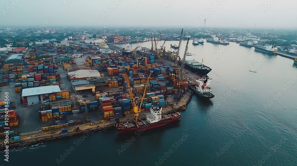 Aerial panoramic view of a busy metropolitan harbor filled with container ships cargo freight and logistics infrastructure Cranes and cargo containers line the bustling seaport Aerial panoramic view of a busy metropolitan harbor filled with container ships cargo freight and logistics infrastructure Cranes and cargo containers line the bustling seaport