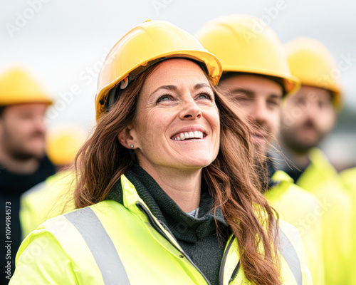 Construction team celebrates safety success city site people urban close-up achievement