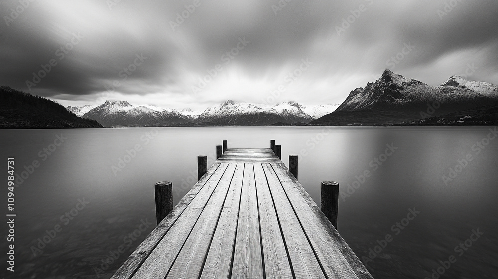 Obraz premium Czarno biała dekoracja ścienna, pomost na jeziorze z górami w tle, tapeta generative ai 