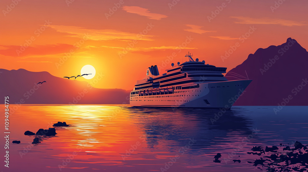 Sunset view of a cruise ship sailing across calm waters near mountains