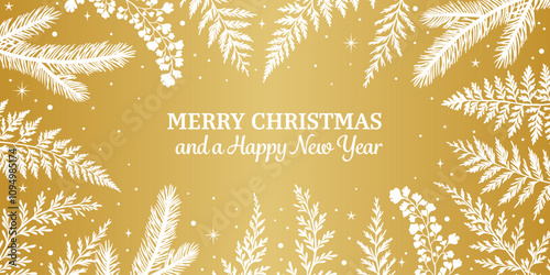 Merry Christmas gold greeting card design template, festive vector winter wallpaper design