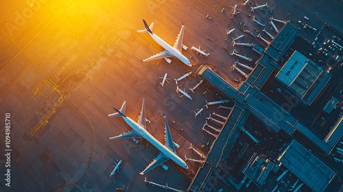 Aerial view of a contemporary international airport with multiple parked passenger and cargo planes on the tarmac and extensive runway systems visible  The airport terminal buildings control tower