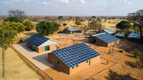 Aerial view of a community based renewable energy project with solar panels installed on the roofs of buildings promoting sustainability and clean energy in a rural landscape photo