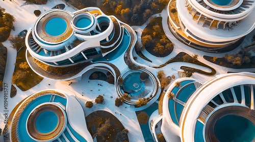 Aerial view of a futuristic city with innovative and imaginative architectural structures in an abstract geometric and contemporary style  The cityscape features a mix of modern
