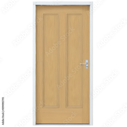 A wooden door with a white frame. Isolated on transparent background