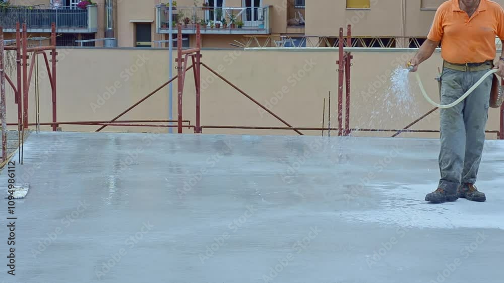 Construction carpenter waters the surface of a reinforced concrete ...