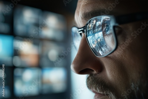 Close-up of a man wearing glasses reflecting multiple digital screens, symbolizing focus, technology, observation, and digital innovation in modern society.