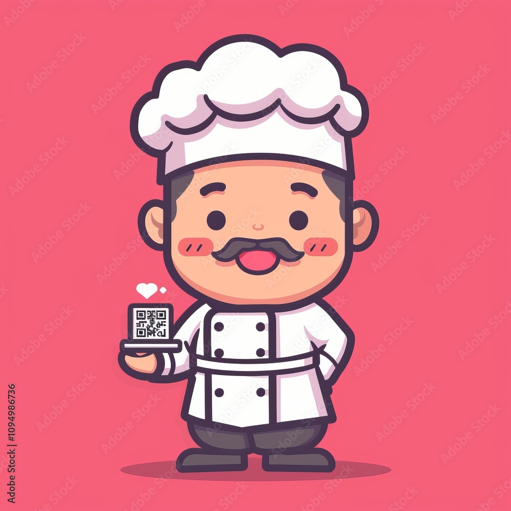 Adorable Chef Character Holding QR Code for Restaurant Adorable Chef Character Holding QR Code for Restaurant