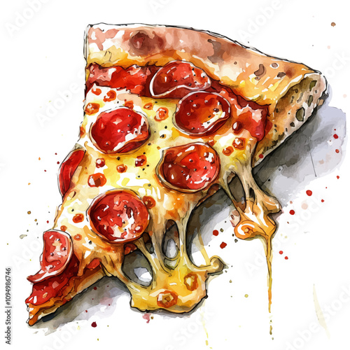 A watercolor painting of Pepperoni Pizza, isolated on a white background. Pepperoni Pizza vector.