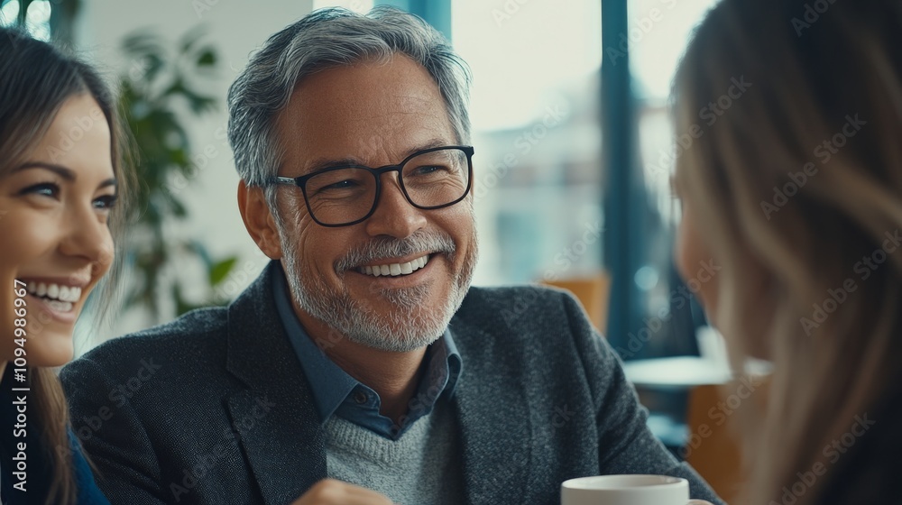 Fototapeta premium Smiling caucasian mature male enjoying coffee conversation with friends