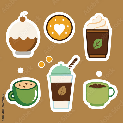 Charming and Fun Coffee and Dessert Stickers Collection Featuring Adorable Beverages Perfect for Creative Projects, Invitations, and Everyday Joy