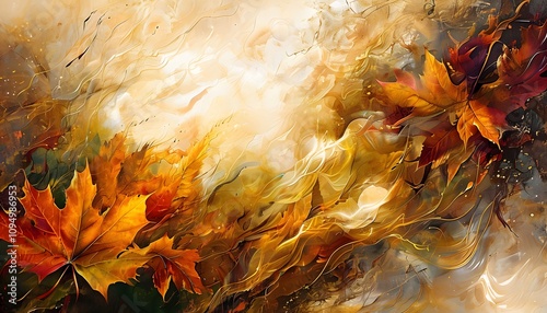 Abstract Thanksgiving Composition with Vibrant Autumn Leaves and Swirling Patterns of Gold