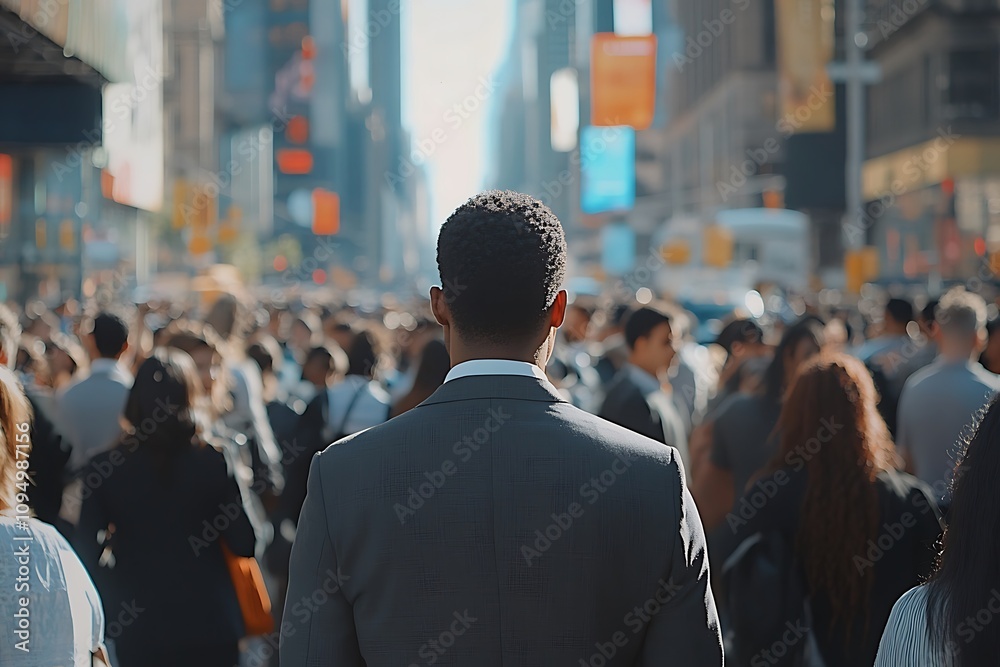 African American Businessman in Dense City Crowd African American Businessman in Dense City Crowd