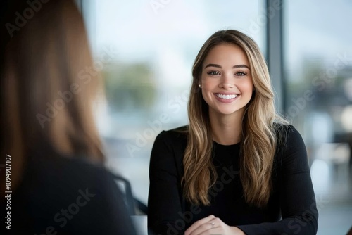 In a bright office, a cheerful woman in a black top exudes confidence and friendliness, possibly during an interview or a casual professional conversation.