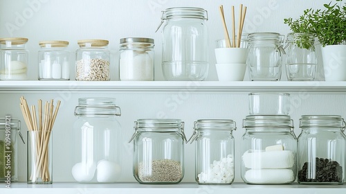 Beautifully Arranged Zero Waste Lifestyle Bathroom Essentials Including Glass Jars Bamboo Straws and Sustainable Storage Solutions Displayed in an Organized Pattern on Shelves