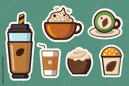 Charming Coffee and Beverage Sticker Collection Featuring Adorable Designs of Lattes, Frappes, and Sweet Treats for Creative Enthusiasts