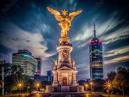 Enigmatic Low Light Photography of El Angel in Mexico City Capturing the Urban Nightscape with Glowing Lights and Atmospheric Ambiance for Stunning Visual Appeal