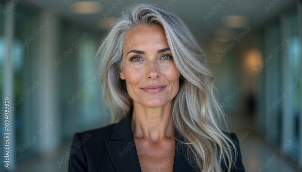 Professional woman with gray hair smiling confidently in a modern office environment Professional woman with gray hair smiling confidently in a modern office environment