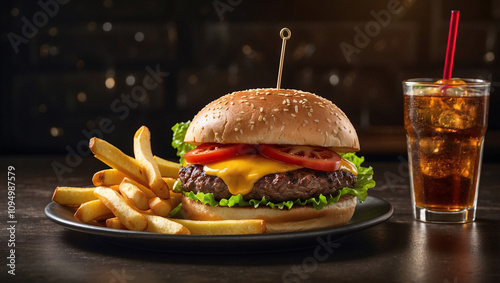 Gourmet Burger with Fries and Cola on the Side photo