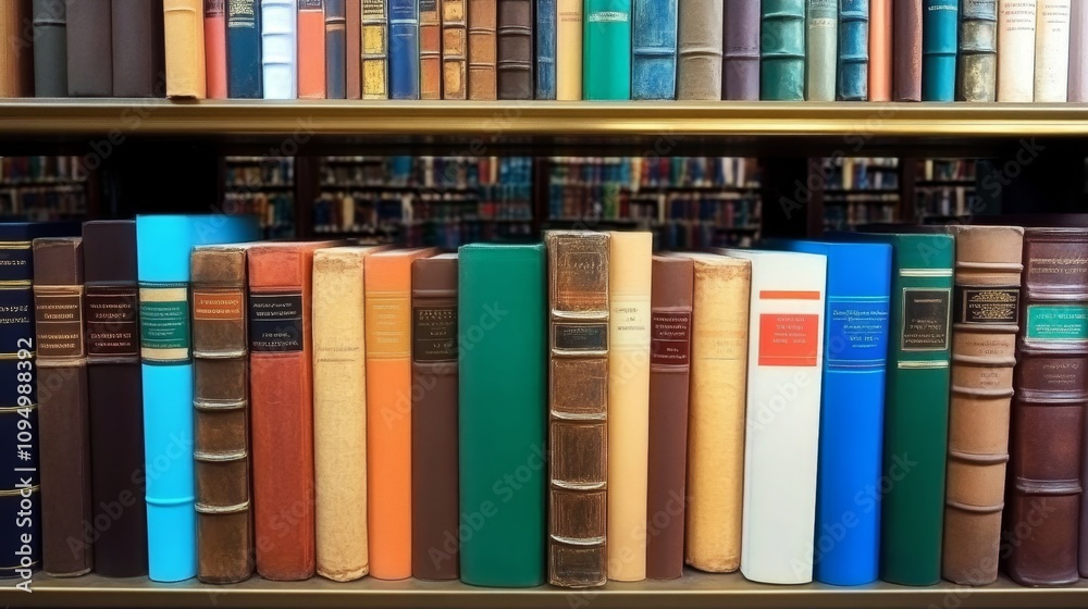 Fototapeta premium Leather-bound Antiquarian Books With Colorful Spines on a Wooden Shelf, Library Collection