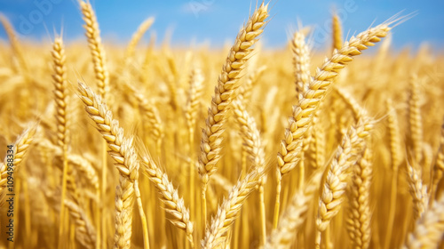 Golden rye field swaying gently under a clear blue sky during the warm summer months in the countryside