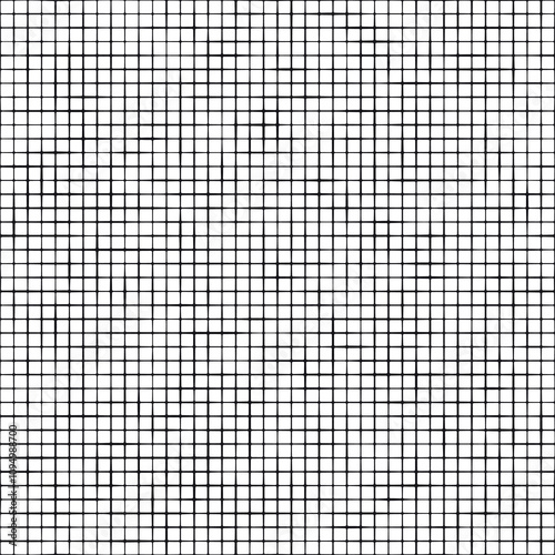 Seamless geometric pattern with an irregular broken grid of small black squares on a white background. Vector illustration.