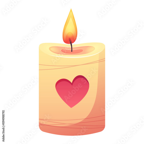 Wax candle with heart and burning candle on white background. Vector isolated icon