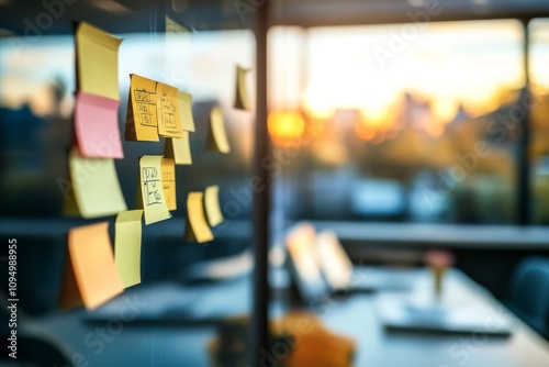 An innovative workspace features a board full of ideas.