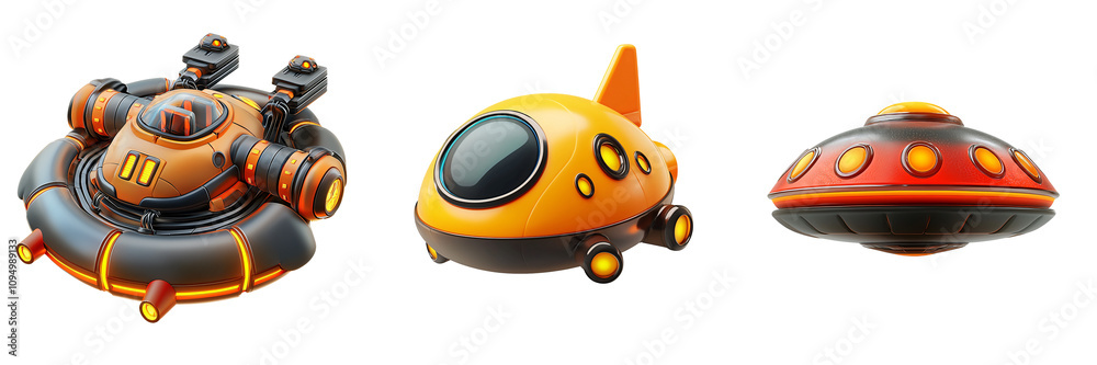 A compact hovercraft flying object 3D illustration futuristic style with glowing details isolated on white and transparent background A compact hovercraft flying object 3D illustration futuristic style with glowing details isolated on white and transparent background
