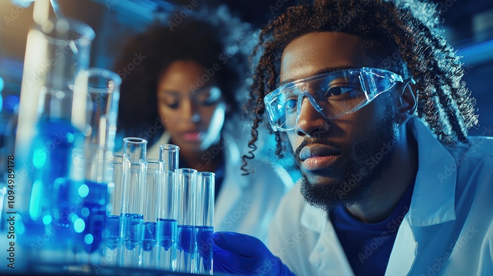 Focused scientists analyzing test tubes in laboratory environment scientific research innovative experimentation professional setting engaged perspective for enhanced knowledge discovery