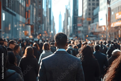 African American Businessman Walking in Big City Skyscrapers