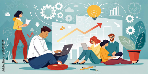 Group of people doing work activity with laptops and tablets, charts and graphs in the background.It symbolizes data analysis and ideation,and the dynamic lines suggest cooperation and innovation. AI 