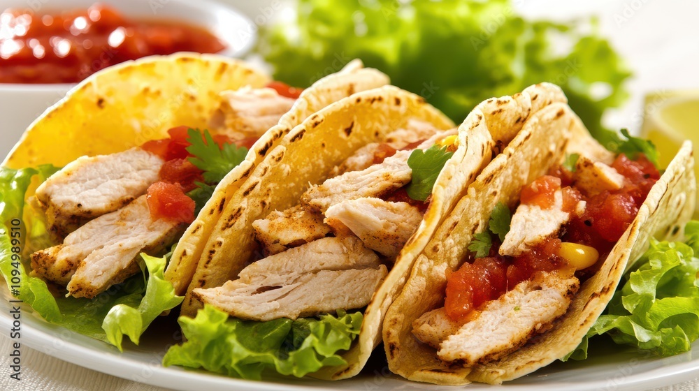 Delicious Chicken Tacos Served on a Plate with Fresh Ingredients, Colorful Salsa, and Vibrant Greens, Perfect for a Tasty Meal or a Party Gathering Delicious Chicken Tacos Served on a Plate with Fresh Ingredients, Colorful Salsa, and Vibrant Greens, Perfect for a Tasty Meal or a Party Gathering