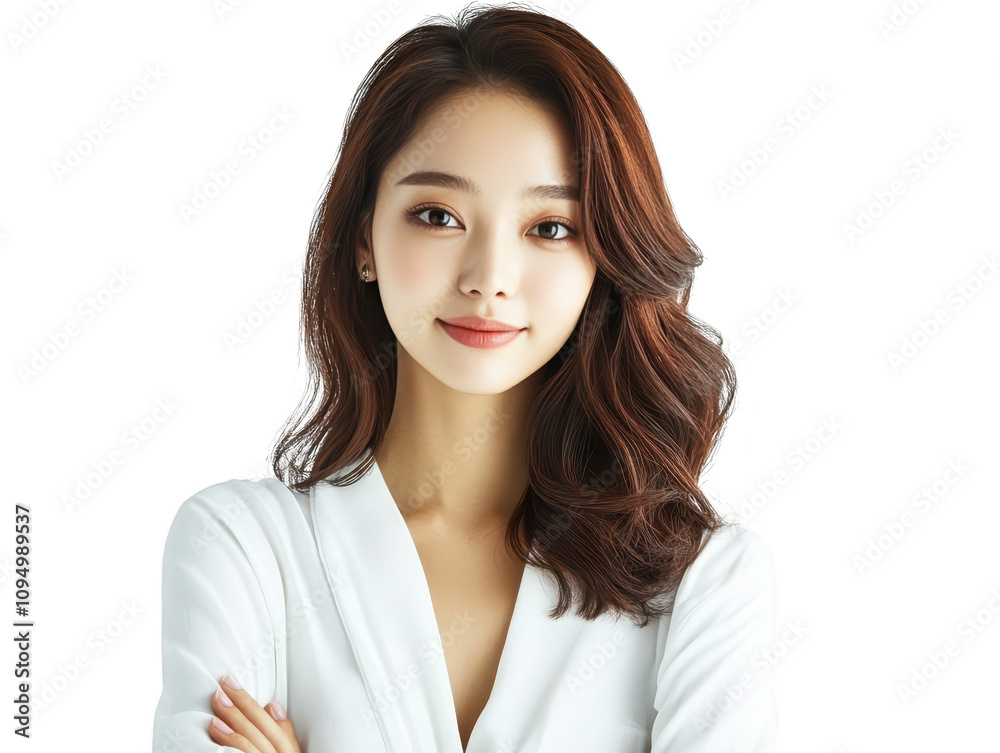 Portrait of woman with long brown hair in white shirt, study of style and grace Portrait of woman with long brown hair in white shirt, study of style and grace