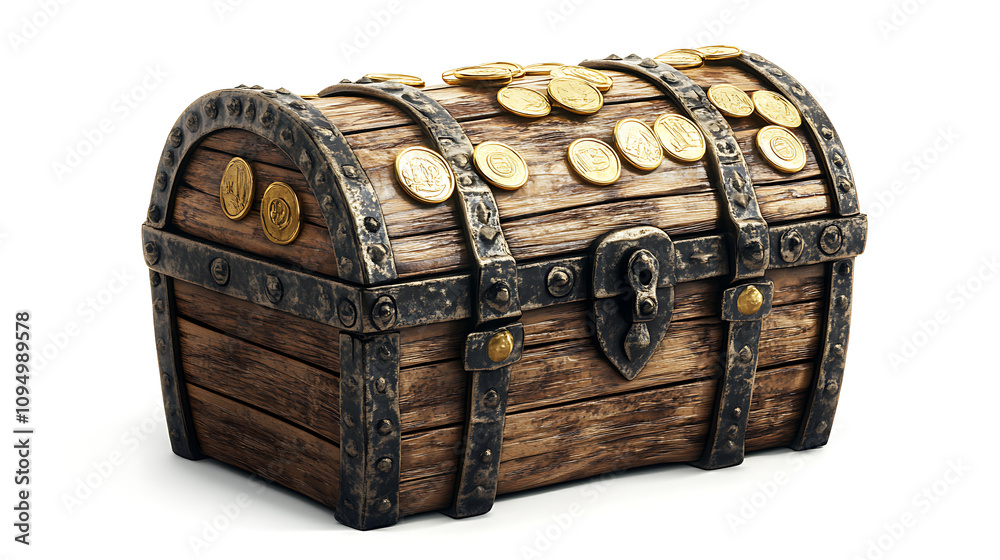Wooden treasure chest filled with gold coins on white background