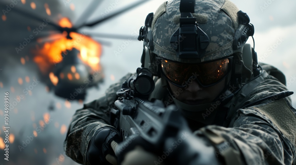 A soldier is poised with a rifle, focused and alert, as a helicopter erupts in flames nearby. The intense atmosphere reflects the urgency of the military scenario. A soldier is poised with a rifle, focused and alert, as a helicopter erupts in flames nearby. The intense atmosphere reflects the urgency of the military scenario.