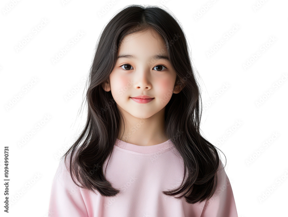 Radiant little girl with long, flowing hair in pink shirt, portrait of youthful innocence Radiant little girl with long, flowing hair in pink shirt, portrait of youthful innocence