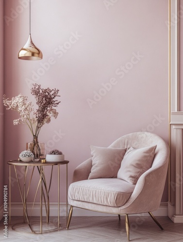 Pink Room Decor Features Armchair Side Table And Flowers