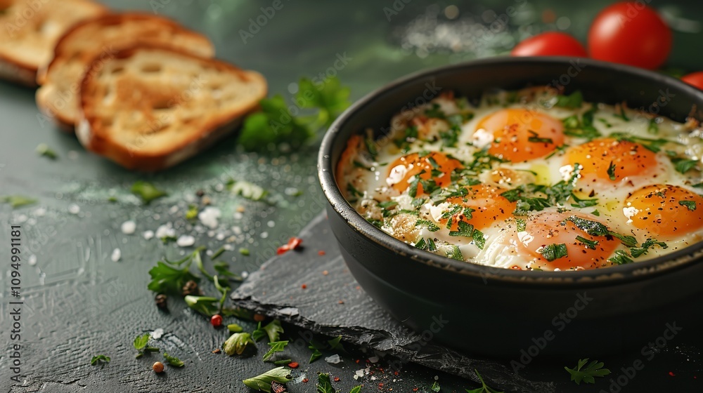 An up-close view of a cooked egg on black bowl with cooked eggs and toast on a dark green backdrop with writing space, Generative AI.