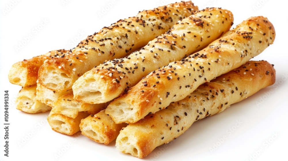 A row of sesame sticks are scattered on a white background A row of sesame sticks are scattered on a white background