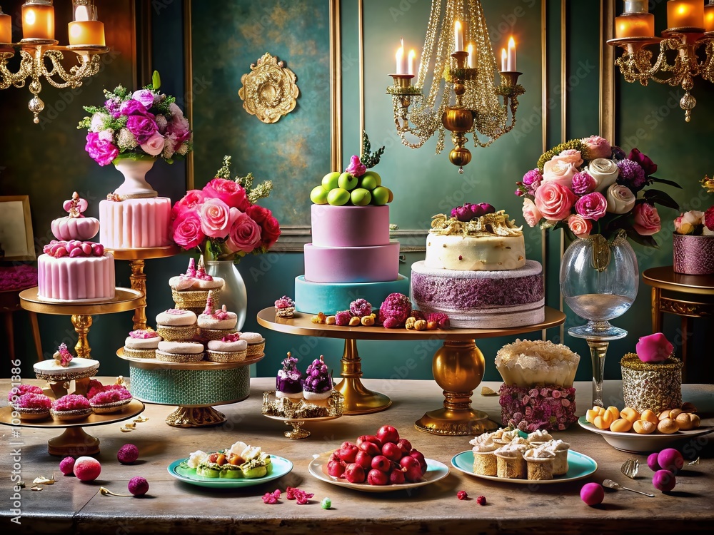 Exquisite Assortment of Cakes on a Stylish Display Table with Colorful Frosting and Decorative Elements for a Glamorous Dessert Showcase Exquisite Assortment of Cakes on a Stylish Display Table with Colorful Frosting and Decorative Elements for a Glamorous Dessert Showcase