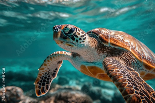 Colorful Sea Turtle Swimming in Clear Water